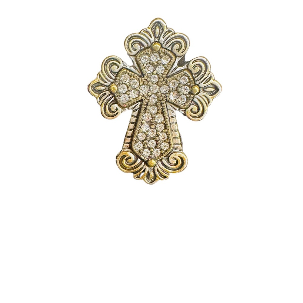 Cross ring with crystals. Gold & silver, stretch band